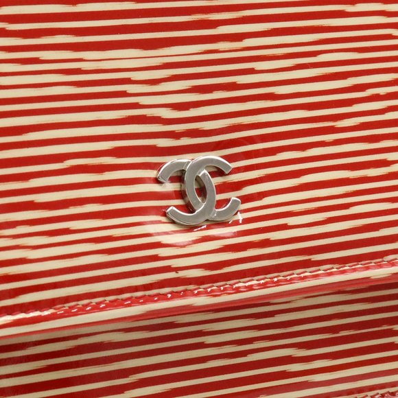 CHANEL Coco Mark Chain Wallet Shoulder Bag Border Patent Leather Orange Red I... - Picture 8 of 9